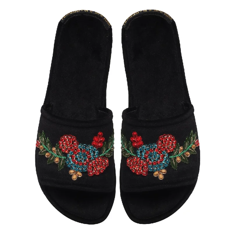 Stone Zardosi Party Wear Italian Velvet Black Slide-In-Slipper by Brune & Bareskin