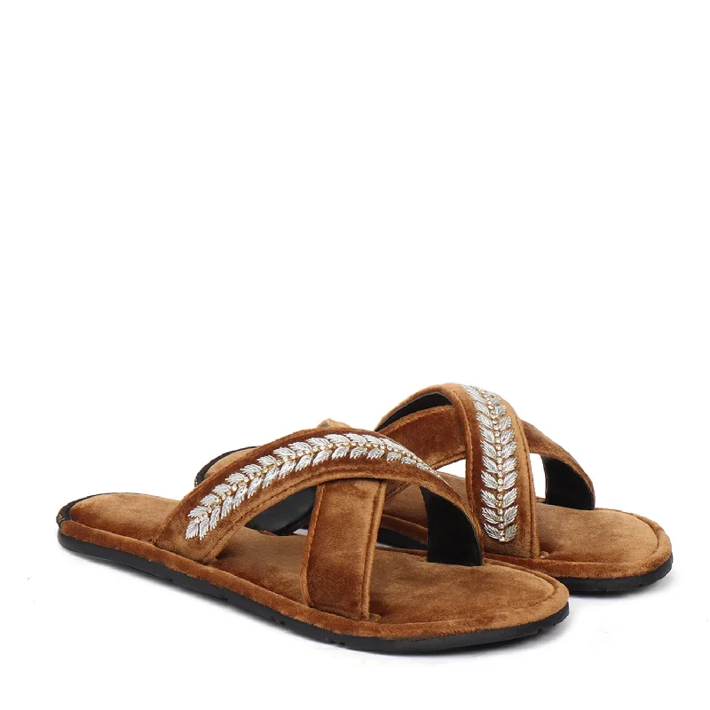 Women's Tan Leaf Design Silver Zardosi Embroidery Cross Strap Slide-In Slippers By Brune & Bareskin