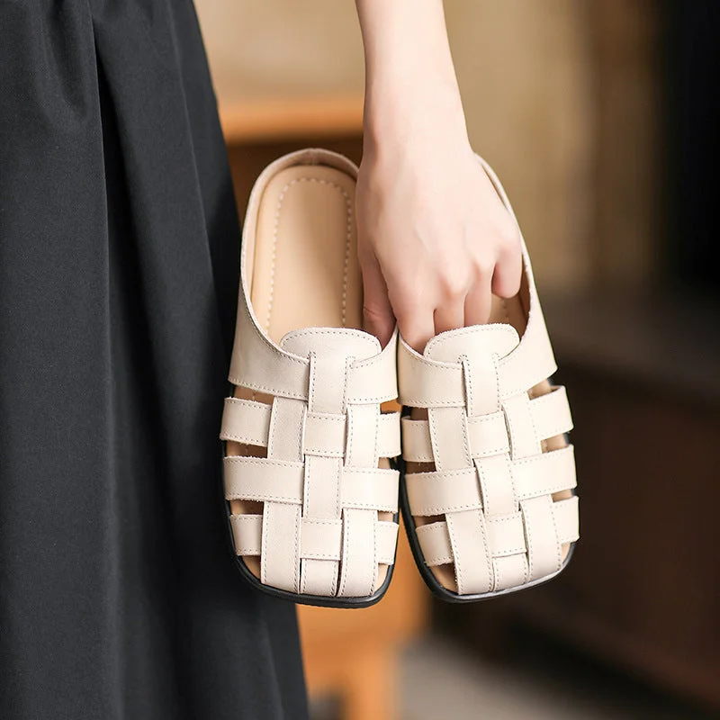 Women Summer Platied Leather Casual Slides