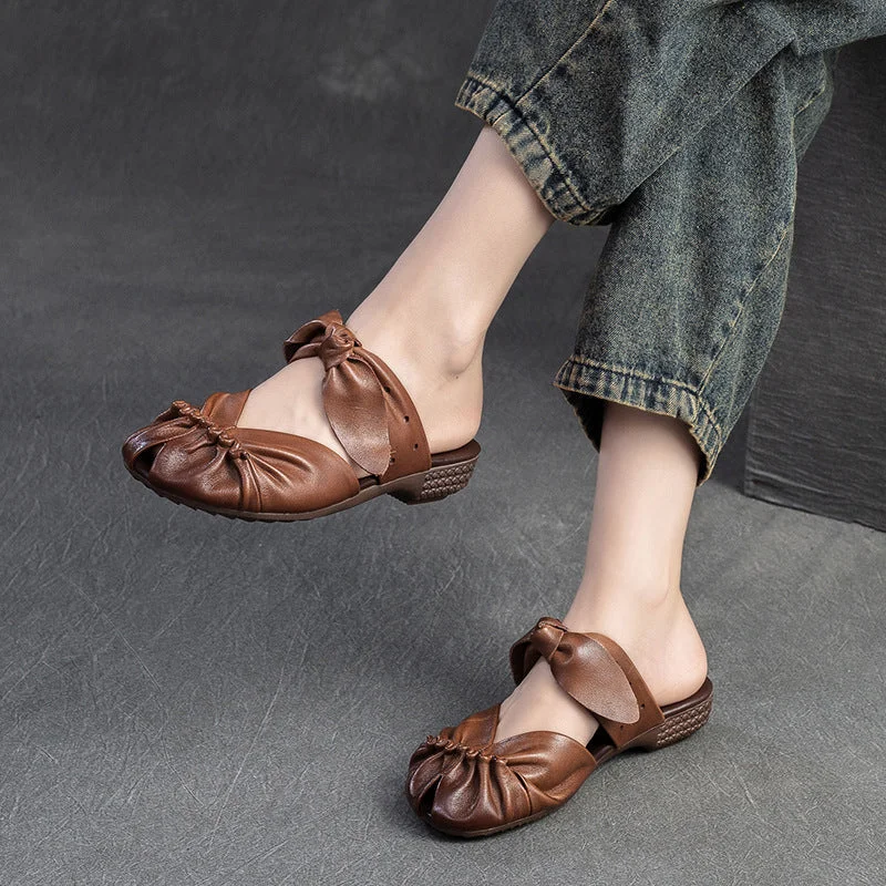 Women Summer Retro Soft Leather Casual Slides Sandals