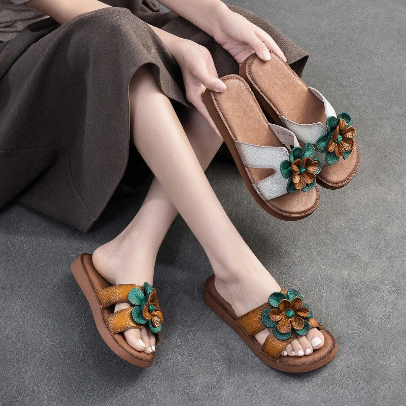 Women Summer Soft Leather Retro Slides