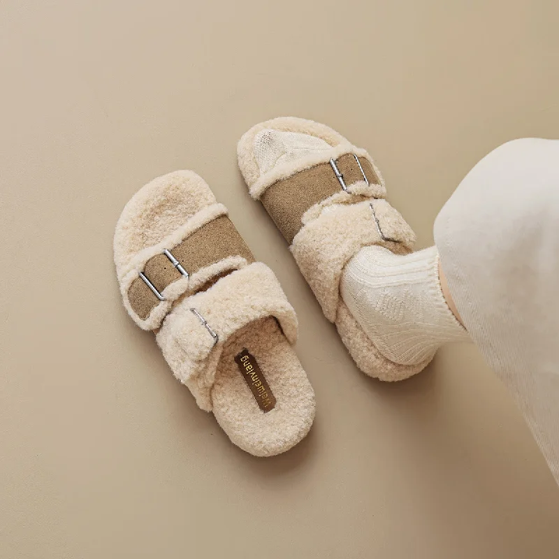 Women Winter Leather Buckle Bedroom Fur Slides