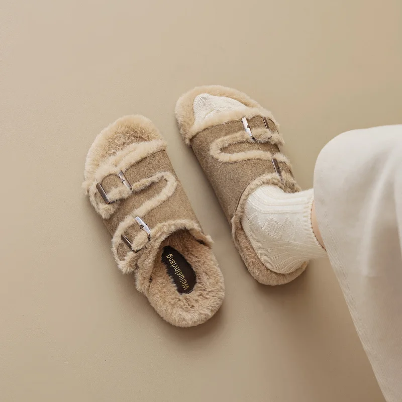 Women Winter Open Toe Bedroom Fur Slides