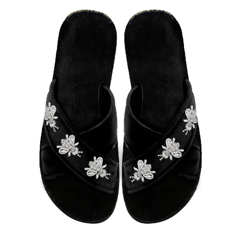 Women's Black Velvet Honey Bee Silver Zardosi Embroidery Cross Strap Slippers By Brune & Bareskin